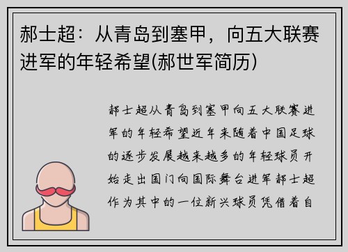 郝士超：从青岛到塞甲，向五大联赛进军的年轻希望(郝世军简历)