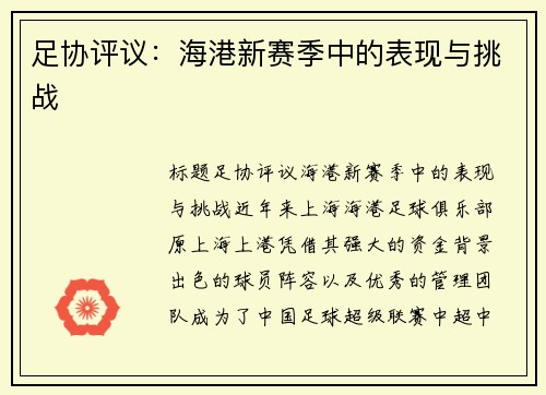 足协评议：海港新赛季中的表现与挑战