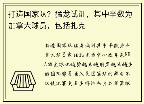 打造国家队？猛龙试训，其中半数为加拿大球员，包括扎克