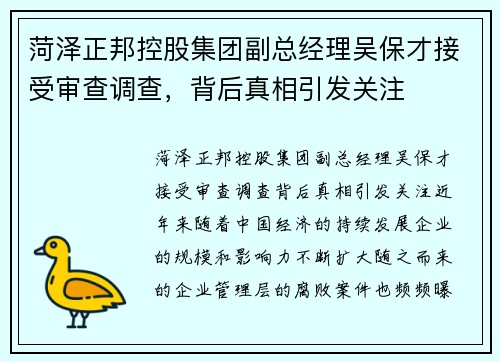 菏泽正邦控股集团副总经理吴保才接受审查调查，背后真相引发关注