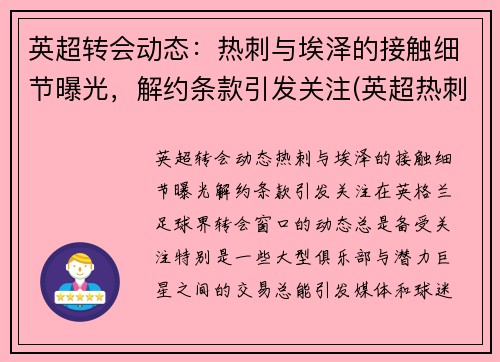 英超转会动态：热刺与埃泽的接触细节曝光，解约条款引发关注(英超热刺比赛推迟)