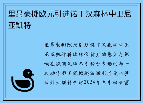 里昂豪掷欧元引进诺丁汉森林中卫尼亚凯特
