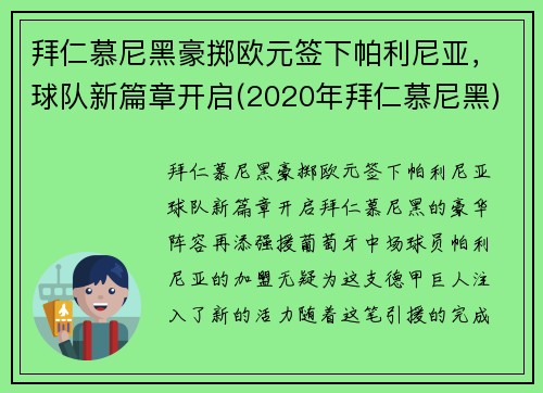 拜仁慕尼黑豪掷欧元签下帕利尼亚，球队新篇章开启(2020年拜仁慕尼黑)